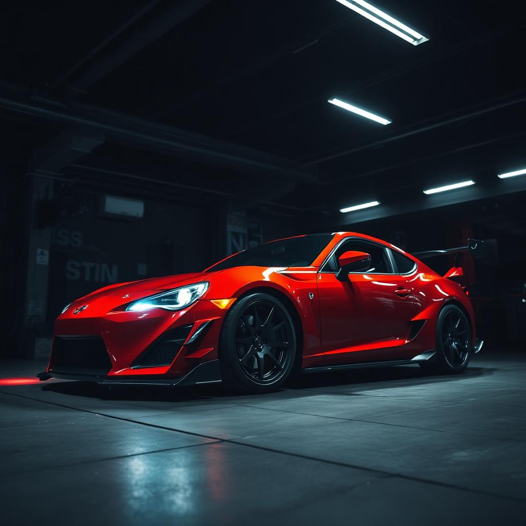 Red sports coupe on shop floor